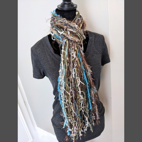 Handmade Fringe Scarf - Teal Aqua Blue Green Gray White Brown Gold Flowy Chic - Picture 2 of 13